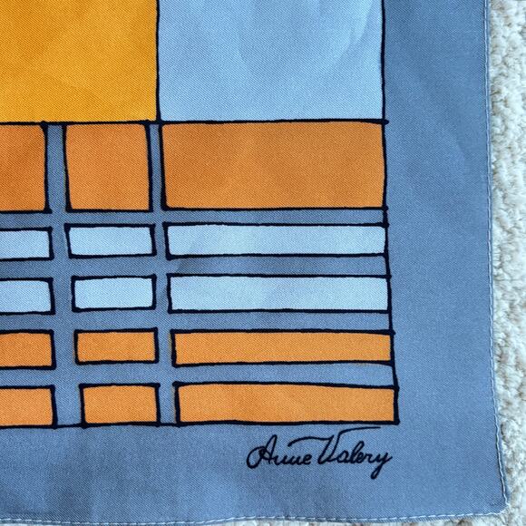 Anne Valery silky scarf mod 1970's orange blue & gray 30" square flower power - Picture 3 of 6